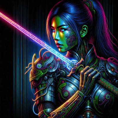 The primary subject of the image is a woman with a sword. She is wearing a futuristic outfit and holding a sword in her right hand. The setting appears to be a futuristic environment, possibly a video game or a comic book. The visual style is digital art, as the woman is depicted in a colorful and detailed manner. The colors and mood of the image are vibrant and energetic, with a strong focus on the woman and her sword.